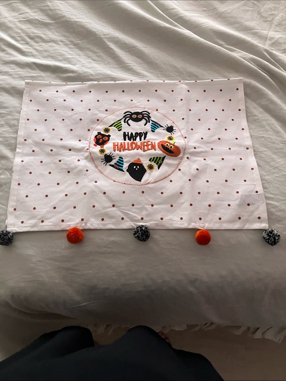 Happy Halloween Embroidered Dot Tea Towel with Pom Poms
